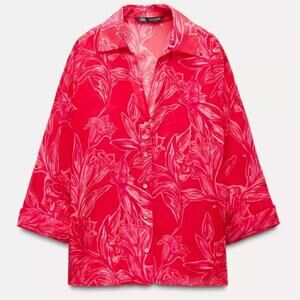 Zara Red Floral Button-Up Shirt Size Large